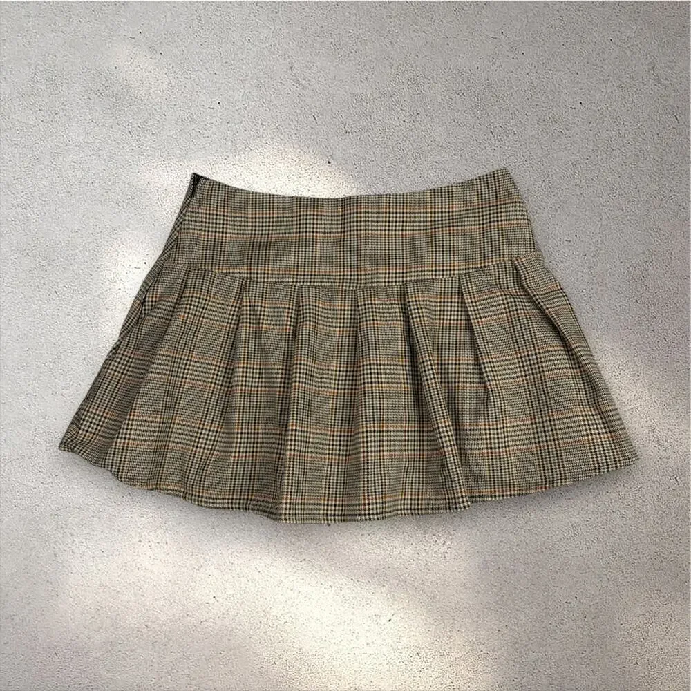 RSQ by Tillys Pleated Plaid Mini Skirt Women's L Brown Micro Preppy Kfashion Y2K